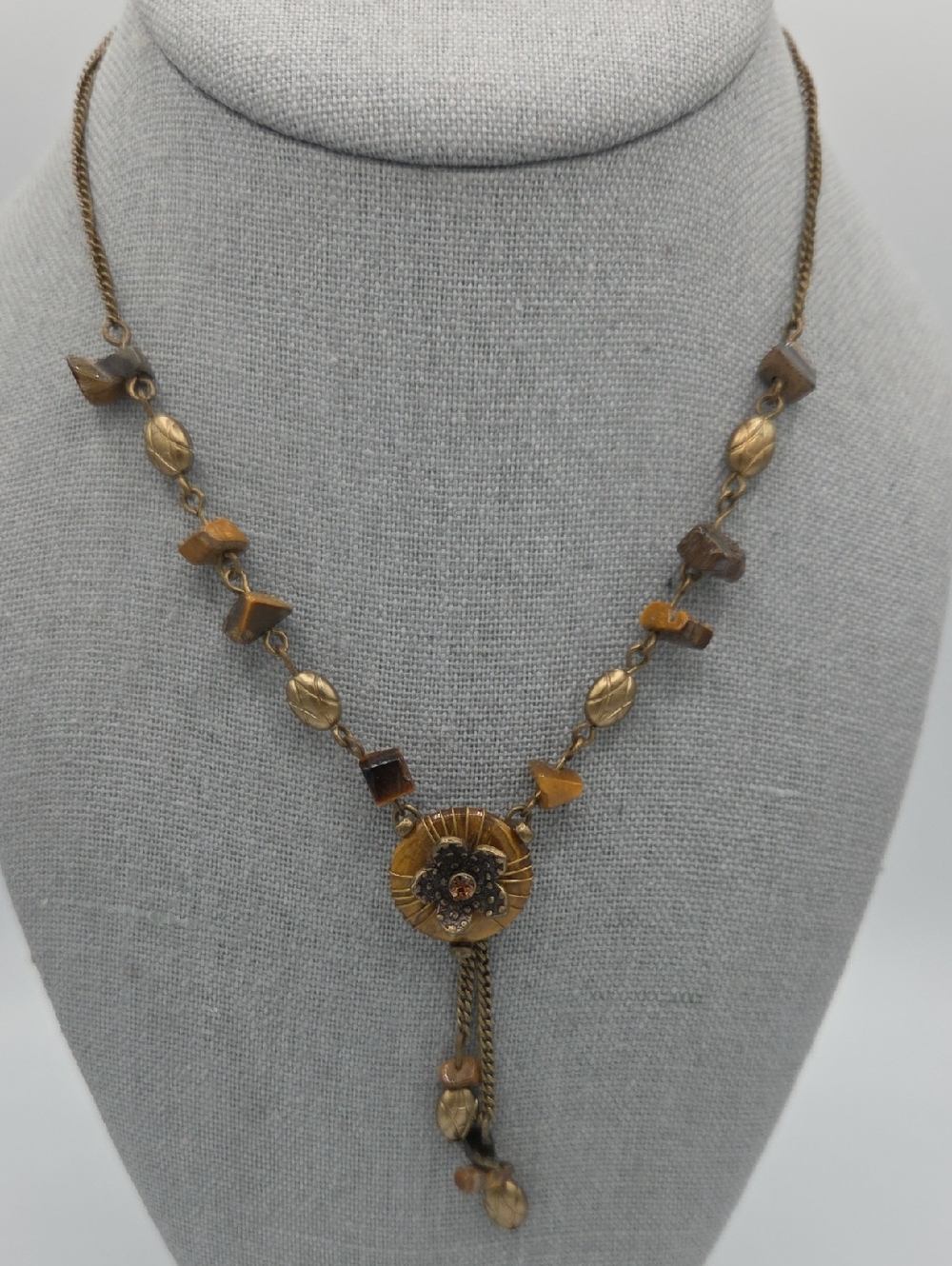 5 for $25! Vintage Tigers Eye Gold Tone Brown Stone Pendant Necklace